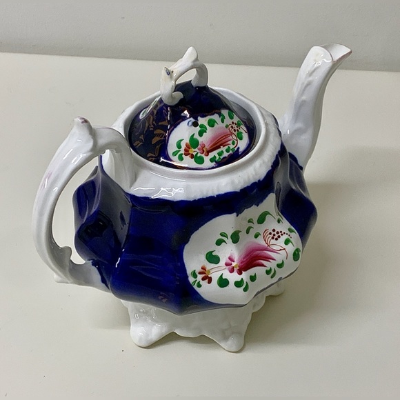 19th Century Antique Gaudy Welsh Feather Pattern Ring Finial Lidded Teapot - Picture 6 of 16